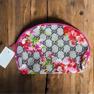 Floral Monogram Makeup Bag Pink Trim Cosmetic Travel Pouch 8x6 Stylish Organizer